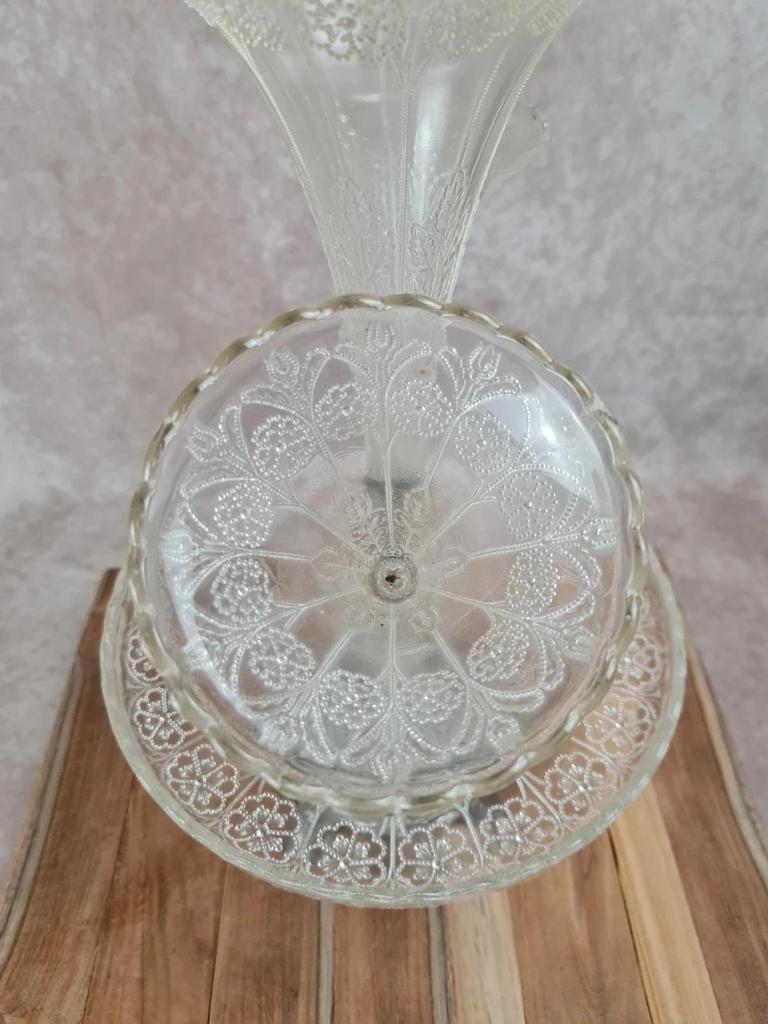 Centre de table ancien Epergne à 3 cornets en verre pressé & métal argenté 🌿💐