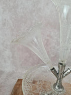 Centre de table ancien Epergne à 3 cornets en verre pressé & métal argenté 🌿💐