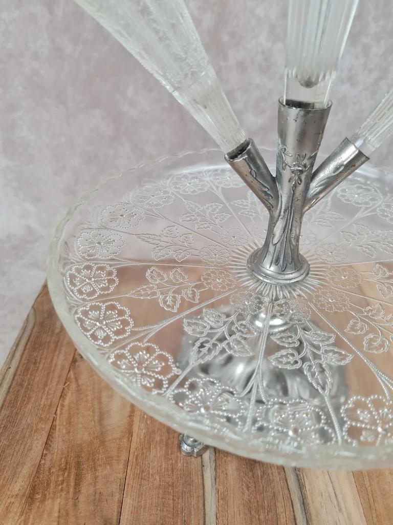 Centre de table ancien Epergne à 3 cornets en verre pressé & métal argenté 🌿💐