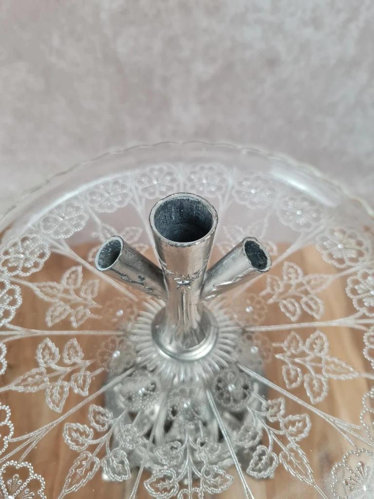 Centre de table ancien Epergne à 3 cornets en verre pressé & métal argenté 🌿💐
