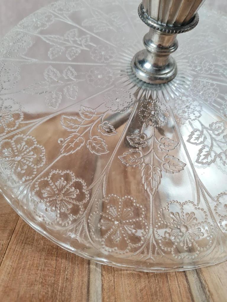 Centre de table ancien Epergne à 3 cornets en verre pressé & métal argenté 🌿💐