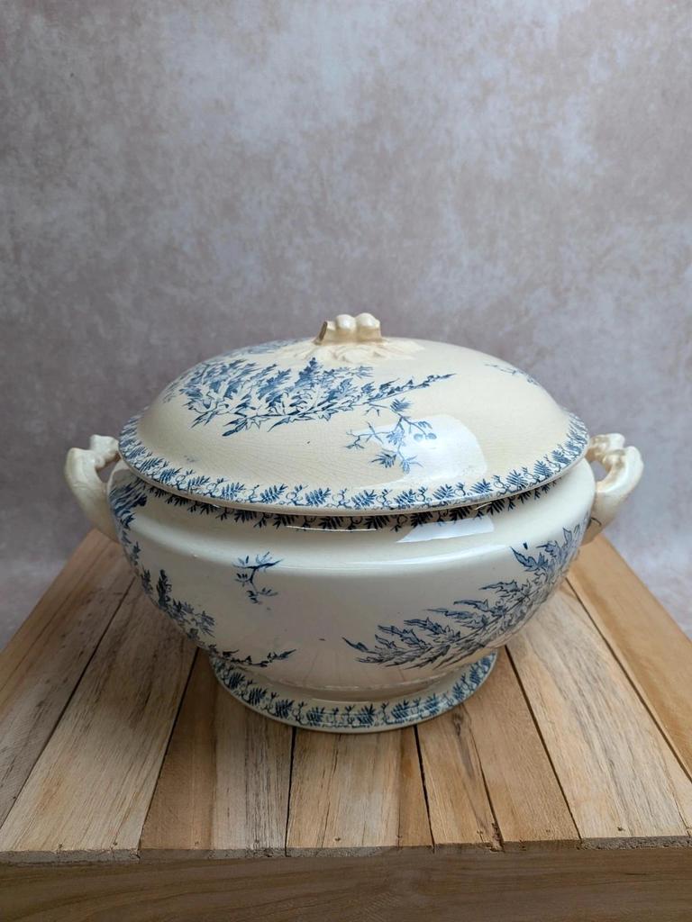 Soupière ancienne en terre de fer Gien – Modèle Fougère – Décor bleu