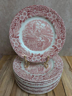 Assiettes à dessert anglaises terre de fer J Broadhurst Constable Series toile de Jouy rouge