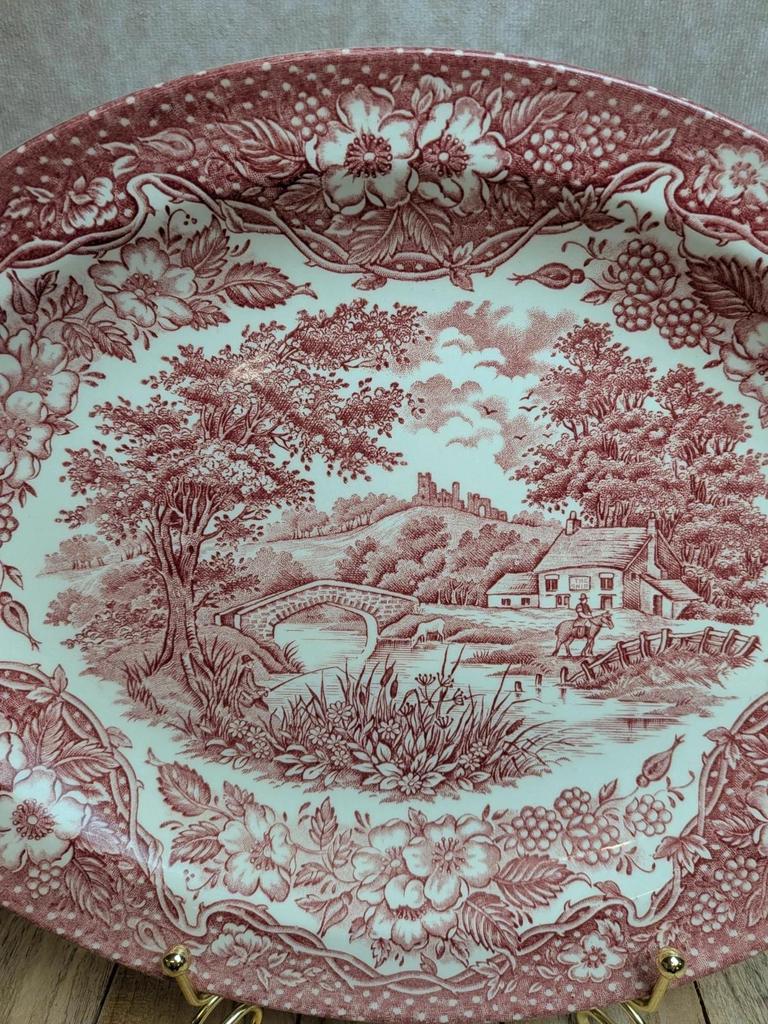Plat ovale terre de fer anglaise toile de Jouy rouge
