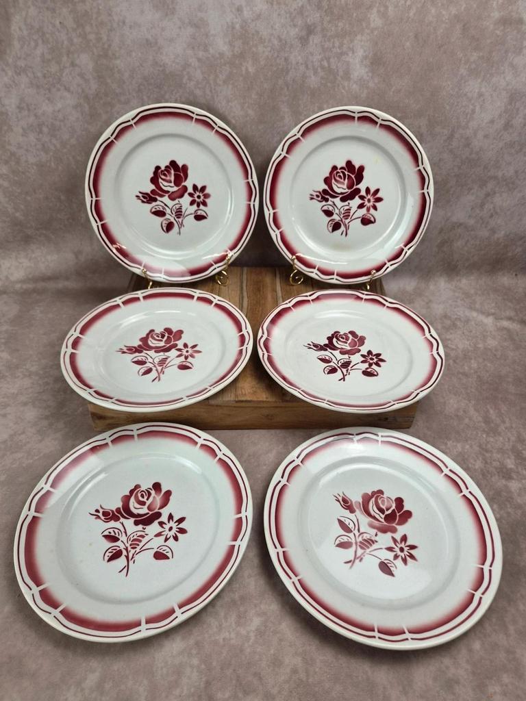 Lot de 6 assiettes plates anciennes Badonviller Fb – roses bordeaux