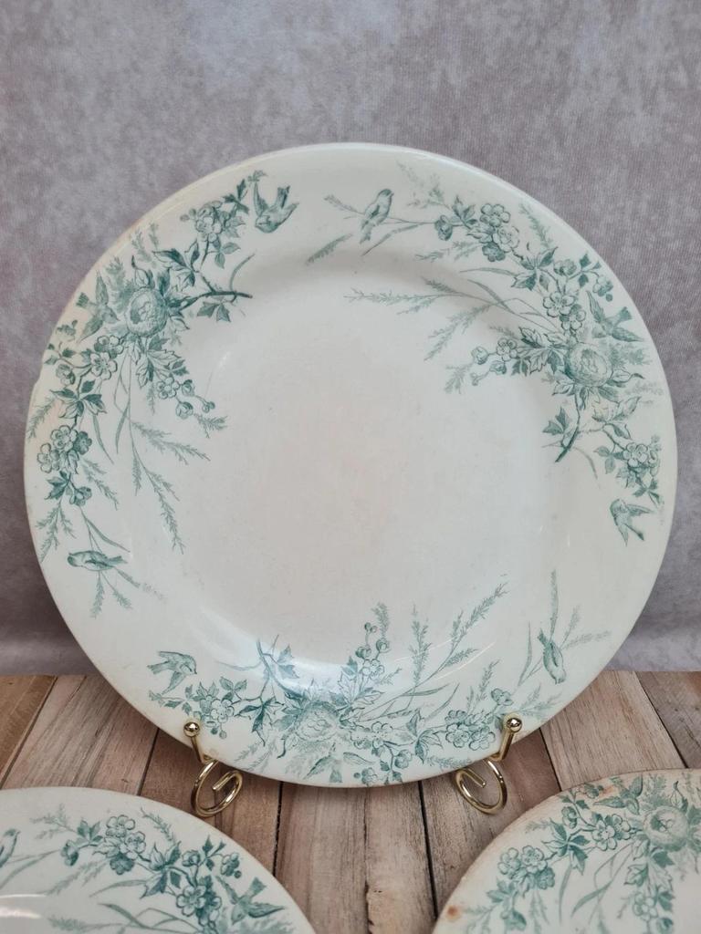 Assiettes Terre de Fer Creil & Montereau Linotte oiseaux vert – lot de 3 anciennes