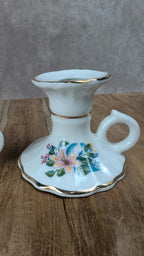 Charmant duo de bougeoirs anciens en porcelaine – Filet doré fait main