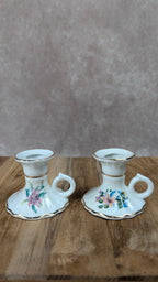 Charmant duo de bougeoirs anciens en porcelaine – Filet doré fait main