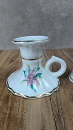 Charmant duo de bougeoirs anciens en porcelaine – Filet doré fait main