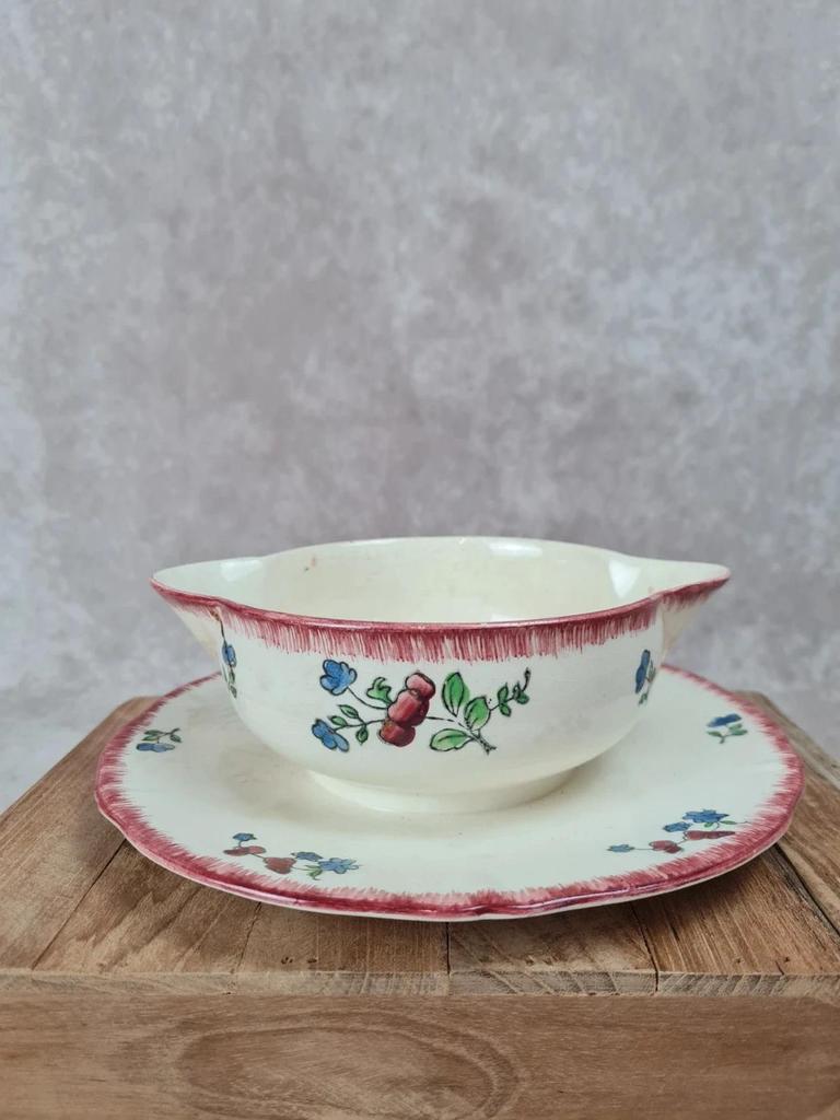 Charmante saucière ancienne avec son plat – Faïence de Gien 🇫🇷