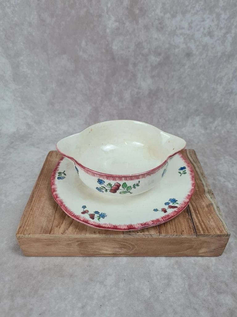 Charmante saucière ancienne avec son plat – Faïence de Gien 🇫🇷