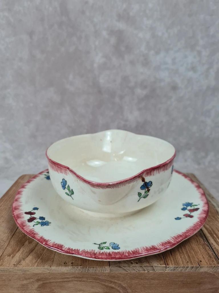 Charmante saucière ancienne avec son plat – Faïence de Gien 🇫🇷