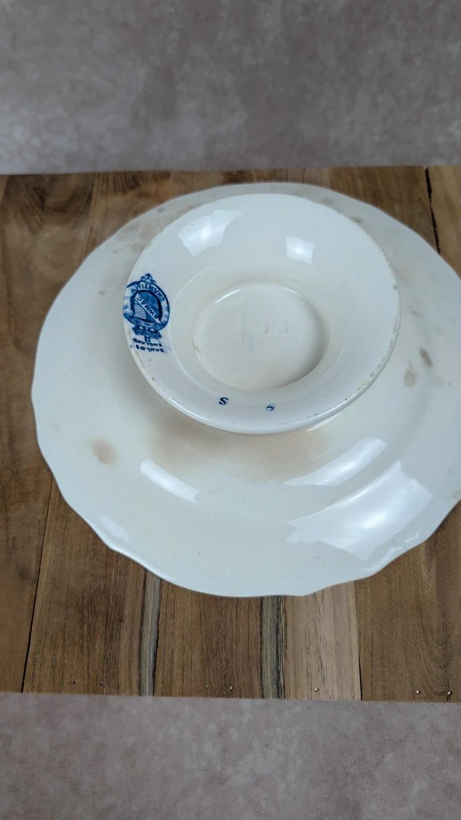 Compotier ancien en faïence anglaise Cauldon – décor bleu Chantilly