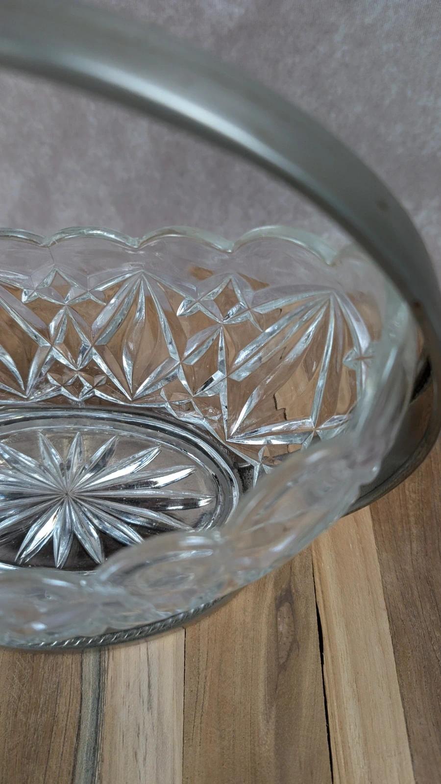 Corbeille vintage en verre taillé et métal argenté