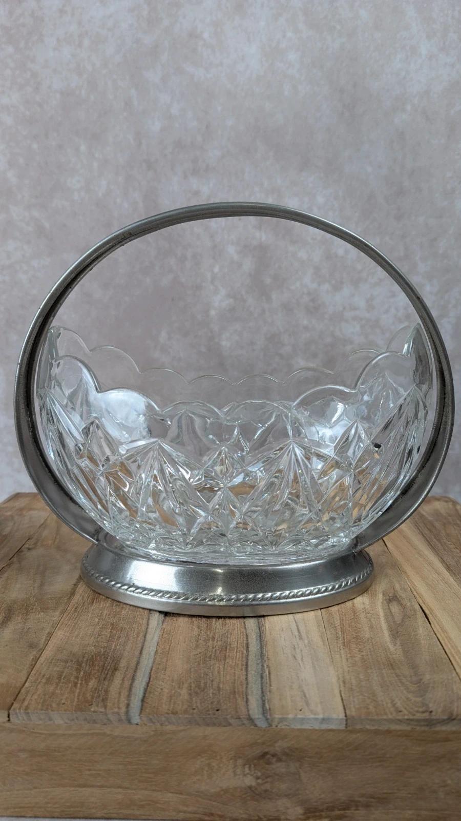 Corbeille vintage en verre taillé et métal argenté
