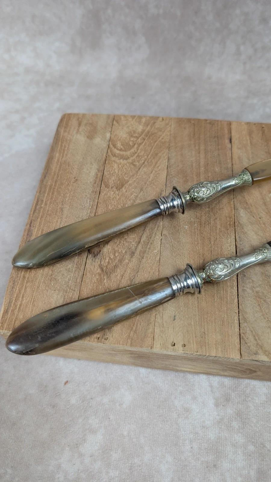 Couverts à salade anciens corne & métal argenté