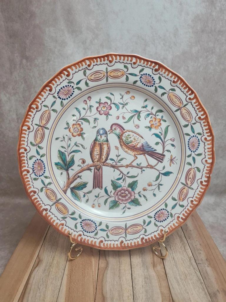 Grand plat vintage décor oiseaux – signé Outeiro 🌸