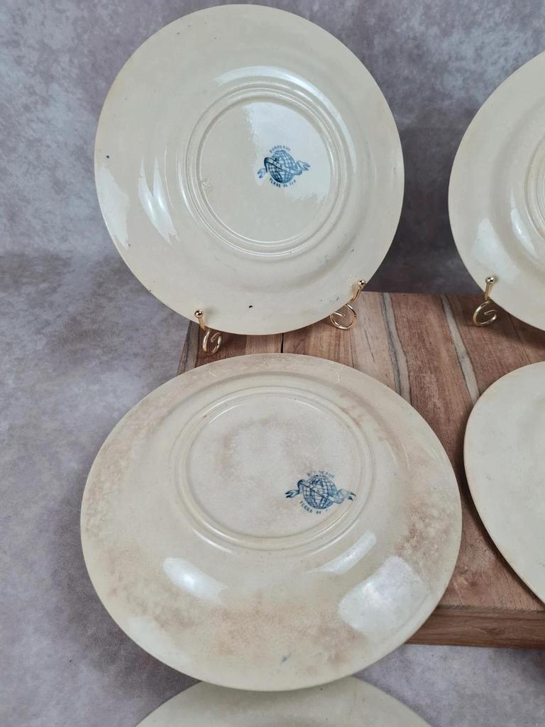Lot de 6 assiettes plates anciennes – Vieillard & Cie Bordeaux, modèle Clématite 💙 Terre de Fer