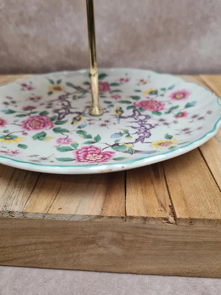 Présentoir à gâteaux 2 étages vintage anglais James Kent Old Foley fleurs oiseaux