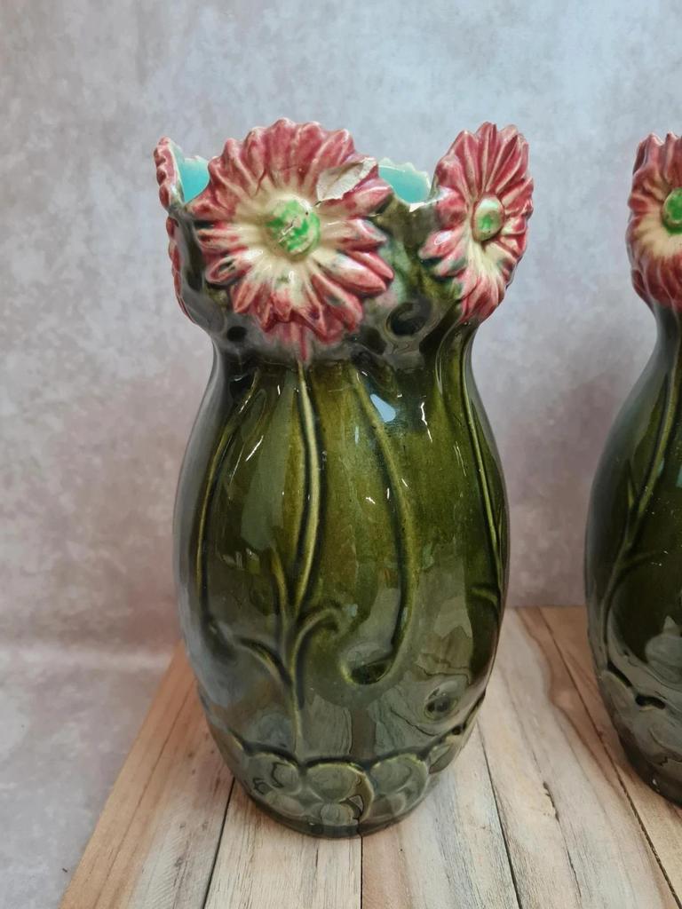 Paire de vases barbotine Francis Mas 🌸 céramique verte fleurs Art nouveau