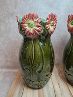 Paire de vases barbotine Francis Mas 🌸 céramique verte fleurs Art nouveau
