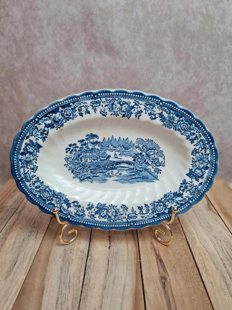 Ravier ancien Tonquin Myott décor toile de Jouy bleu – bord dentelé