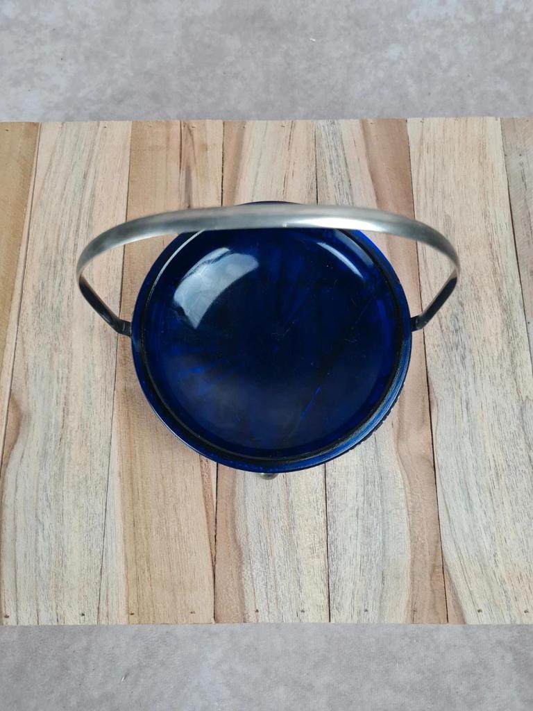 Petit présentoir vintage en métal argenté & verre bleu cobalt – Made in England