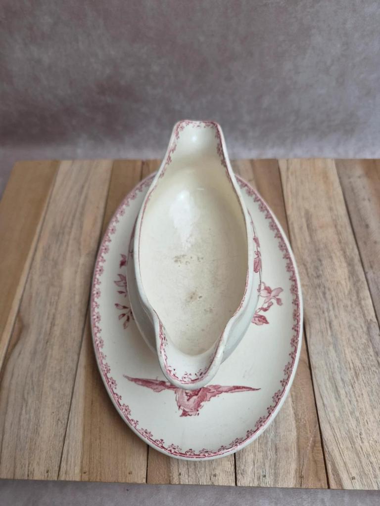 Saucière terre de fer Sarreguemines & Digoin Favori rose oiseaux ancienne