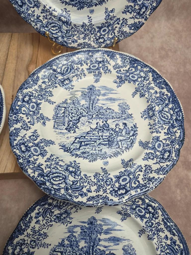 Lot de 6 assiettes plates décor Toile de Jouy bleu – Style Lunéville / campagne romantique