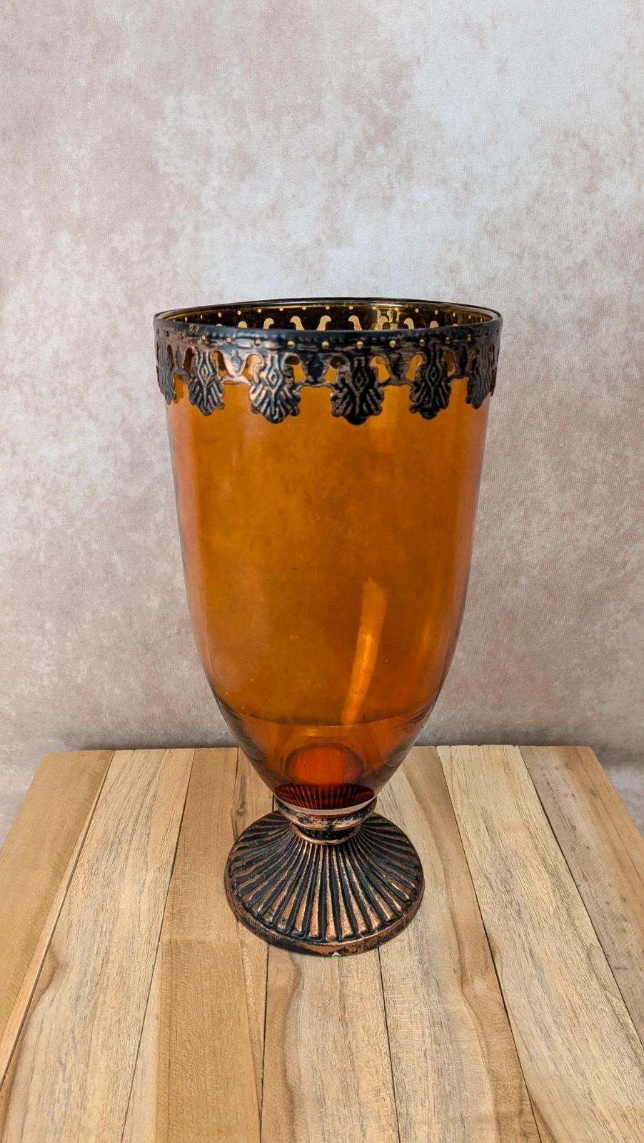 Vase vintage verre ambré sur pied