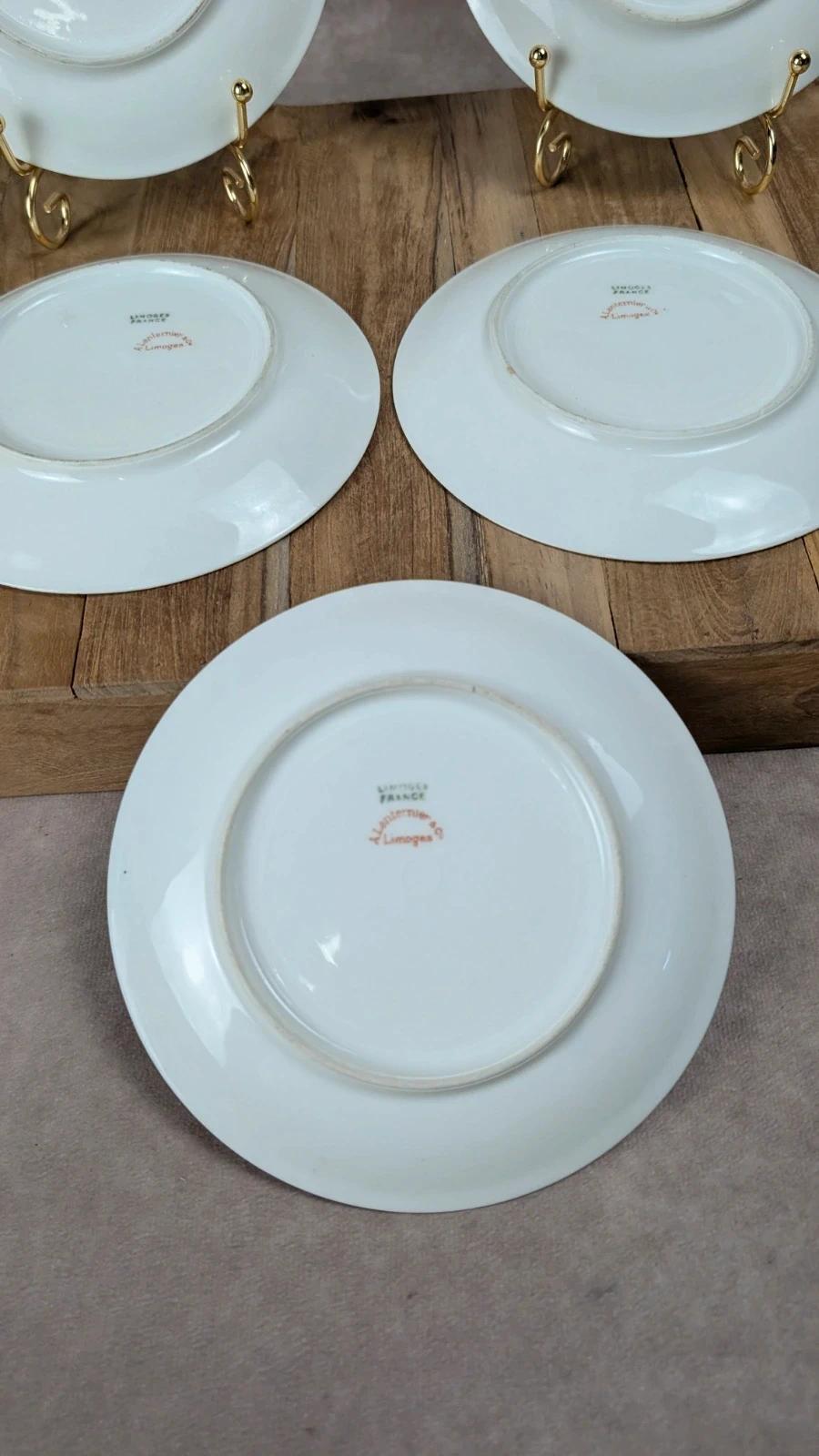 Lot de 5 petites assiettes anciennes Limoges A. Lanternier – décor fleuri rose