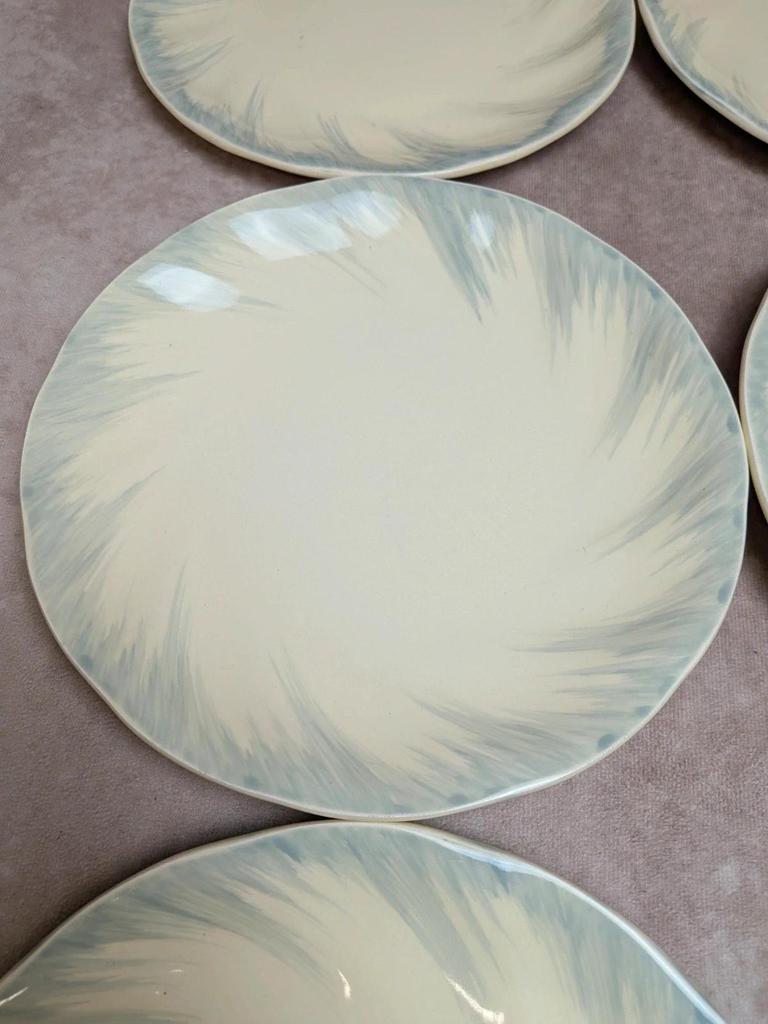 6 assiettes plates Terre de fer Salins décor bleu nuagé