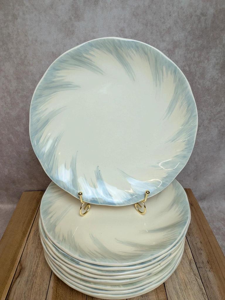 12 assiettes plates Terre de fer Salins décor bleu nuagé