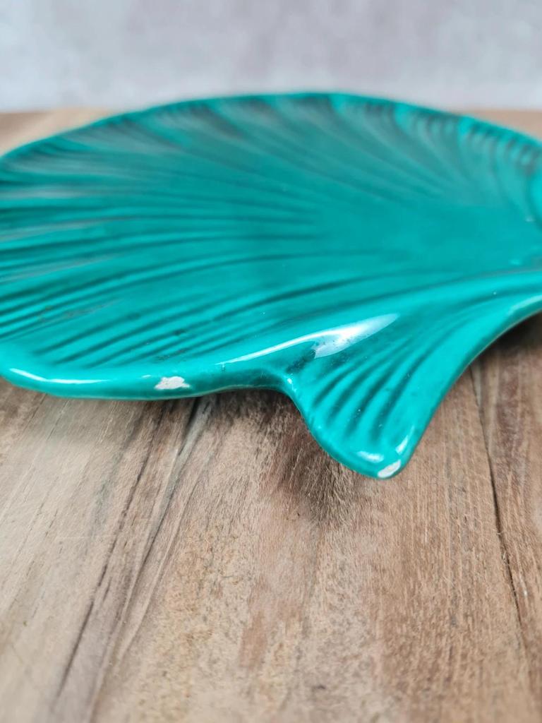 Dessous de plat / dessous de bouteille vintage en céramique verte – forme coquille