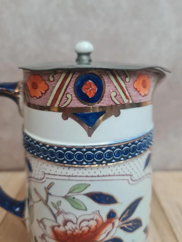 Pichet ancien Burleigh Ware Angleterre décor floral doré bleu cobalt avec couvercle