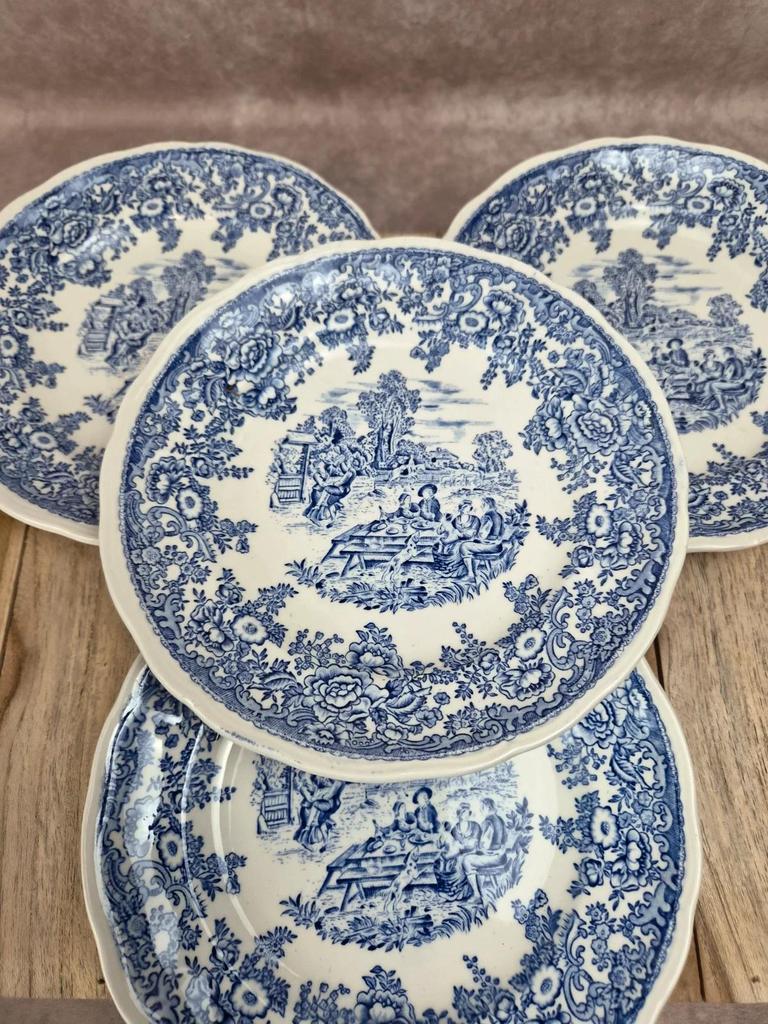 Lot de 4 assiettes à dessert vintage Lunéville modèle English – décor Toile de Jouy bleu