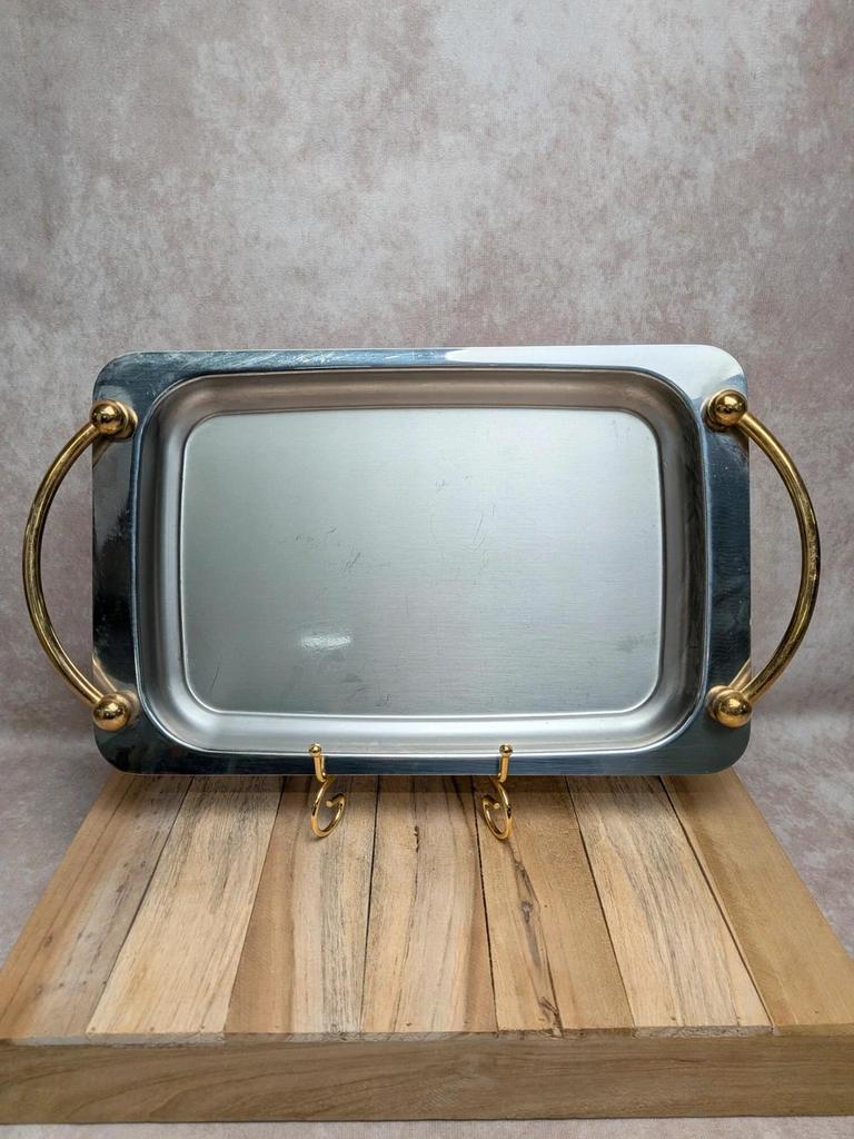 Plateau de service vintage Guy Degrenne inox 18/10 poignées dorées