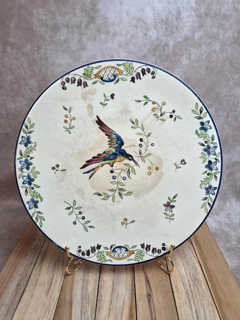 Grand plat terre de fer Longchamp Cléry décor oiseau