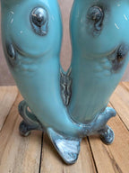 Vase double poisson en barbotine bleu turquoise – Céramique vintage