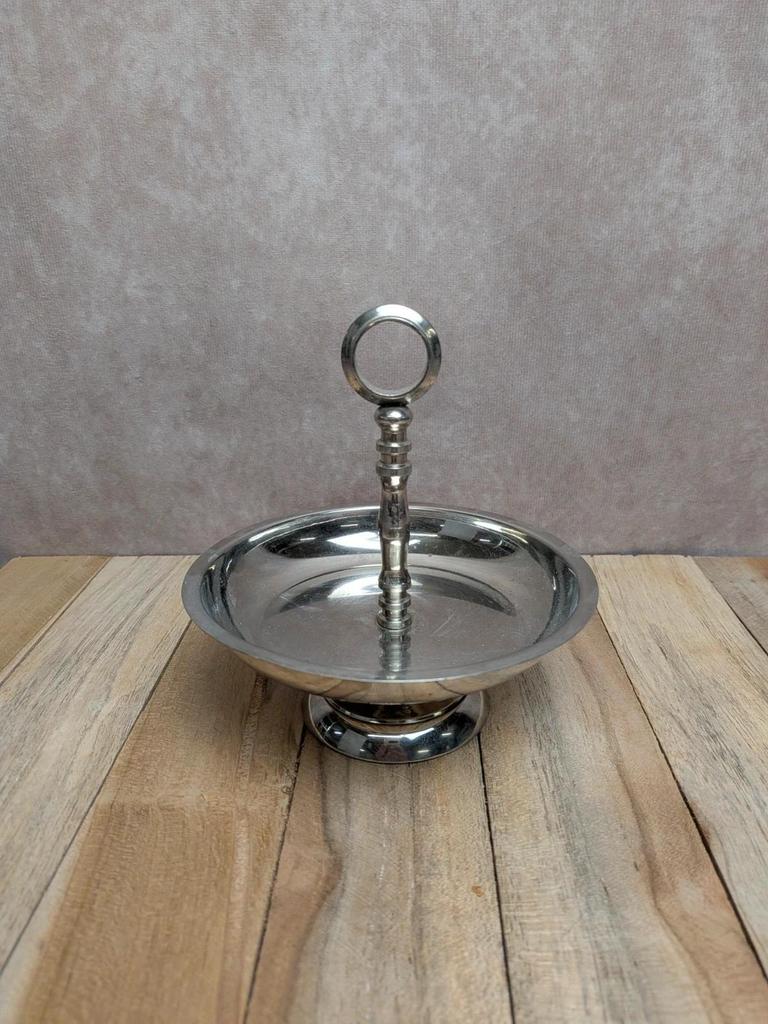 Petit présentoir vintage en métal argenté – coupelle sur pied