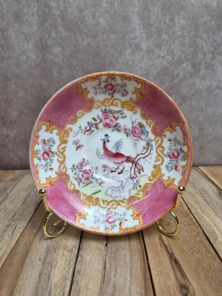 Sous-tasse ancienne Minton English Porcelain – décor oiseaux & fleurs roses – anglaise