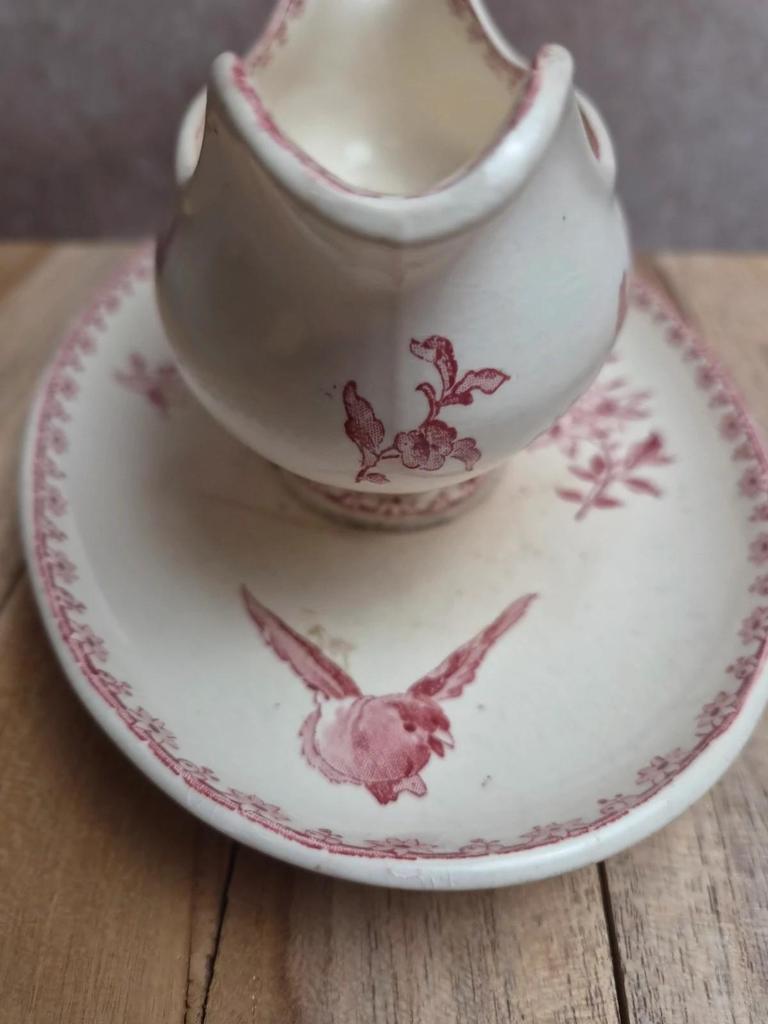 Saucière terre de fer Sarreguemines & Digoin Favori rose oiseaux ancienne