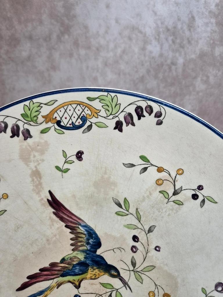 Grand plat terre de fer Longchamp Cléry décor oiseau