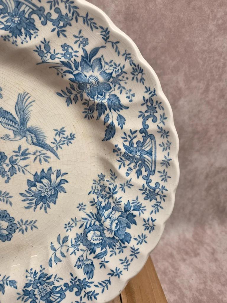 Grand plat ovale vintage Myott Meakin – Décor floral bleu et oiseaux – 38 cm