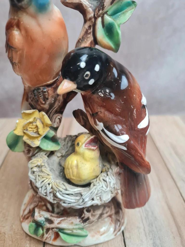 Figurine oiseaux barbotine vintage nid oisillon décor nature