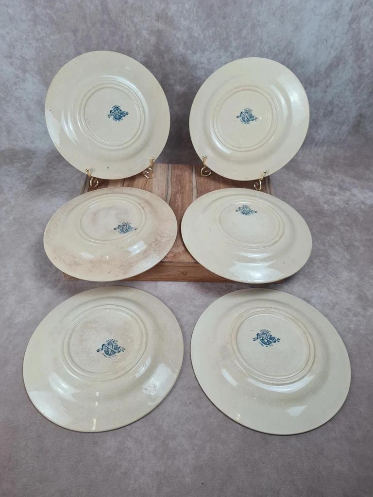 Lot de 6 assiettes plates anciennes – Vieillard & Cie Bordeaux, modèle Clématite 💙 Terre de Fer
