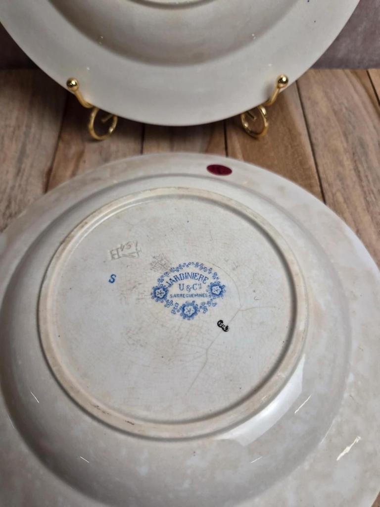 Lot de 2 assiettes creuses en terre de fer Sarreguemines – Modèle Jardinière – Décors variés