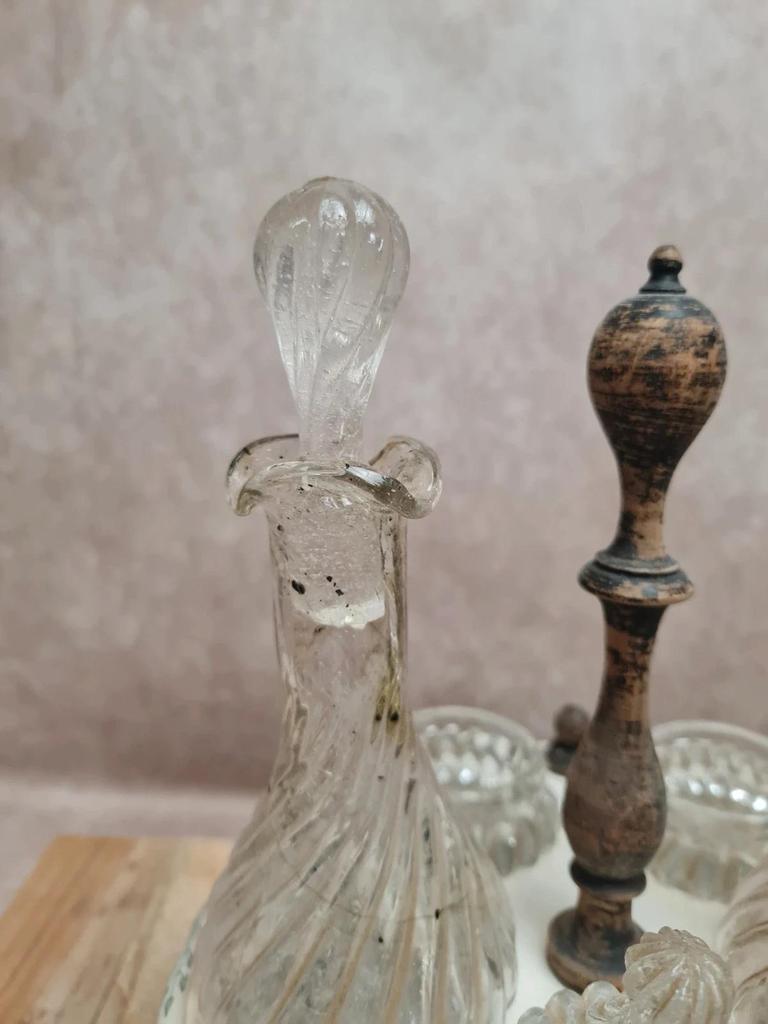 Huilier vinaigrier ancien Gien Clara terre de fer présentoir flacons verre Xixe 🏺