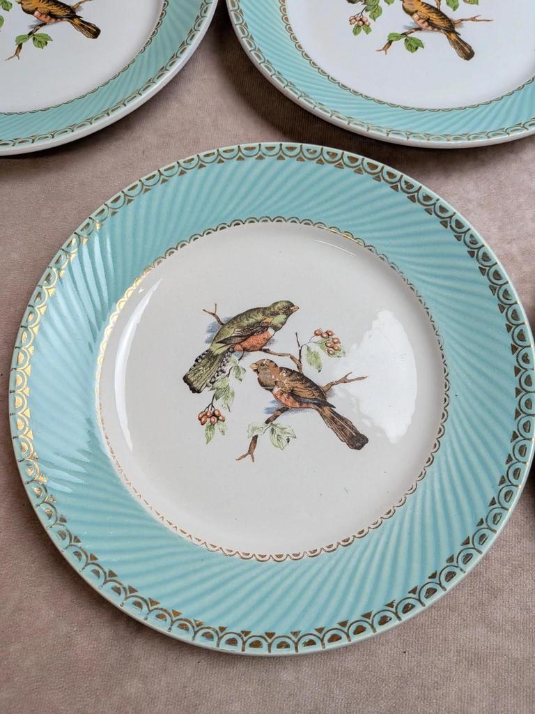 Lot de 8 assiettes plates vintage Badonviller – Décor oiseaux, vert menthe et dorure