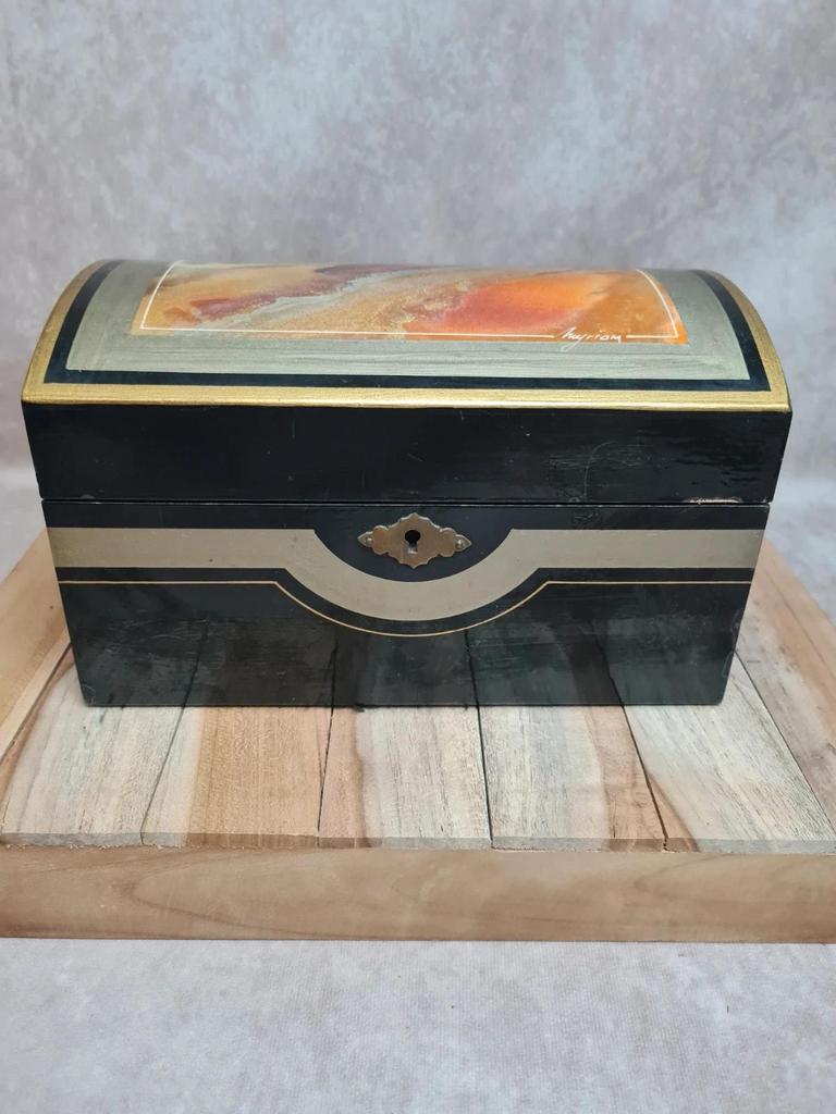 Coffret vintage bois laqué décor abstrait signé Myriam boîte à bijoux rétro chic
